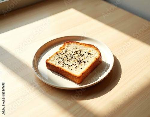 Seeded bread slice on plate in sunlit kitchen for culinary inspiration photo