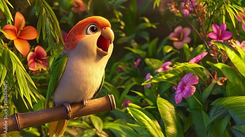 parrot perched on a bamboo branch, squawking happily, with a colorful, sunlit background of tropical flowers and lush green plants.  photo