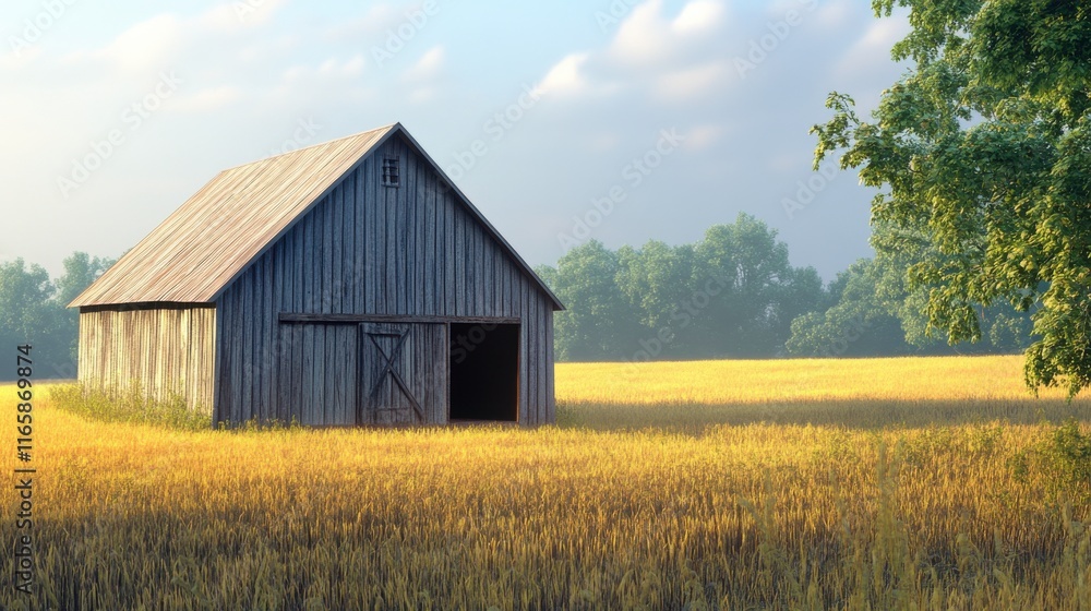 Serene Barn in Golden Fields at Sunrise Serene Barn in Golden Fields at Sunrise