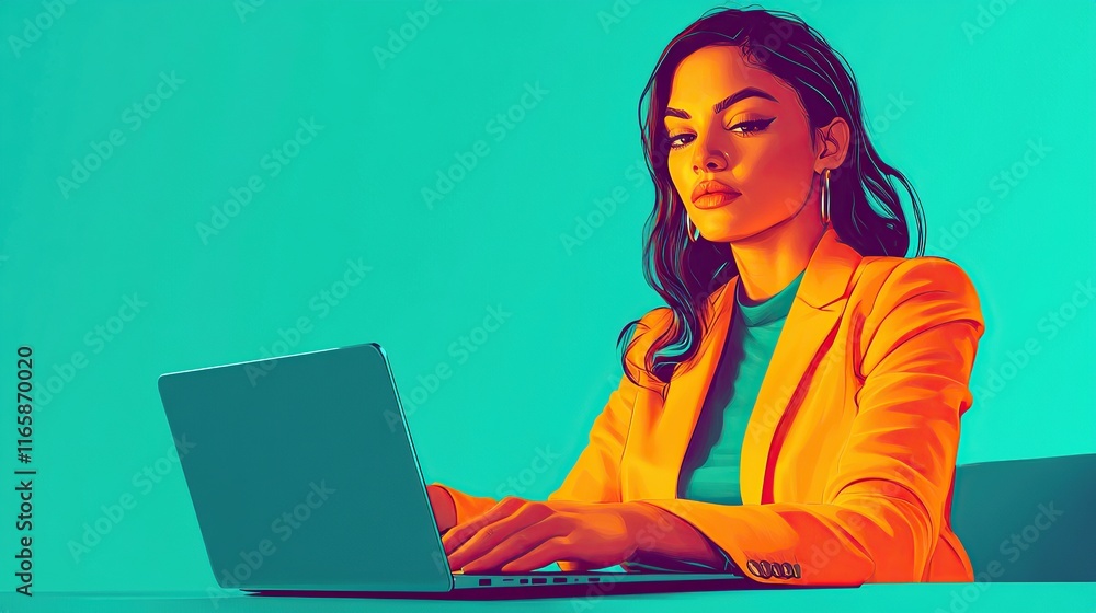 Stylish businesswoman working on laptop, vibrant teal and orange color palette, digital art. Stylish businesswoman working on laptop, vibrant teal and orange color palette, digital art.