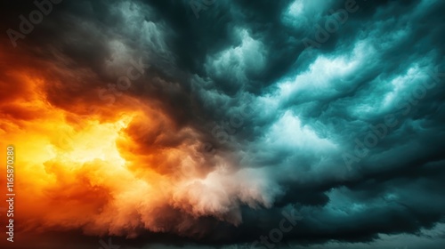 An awe-inspiring display of tumultuous clouds showcasing contrasting fierce orange and serene aqua hues, creating a striking emotional impact and visual drama in the sky. photo