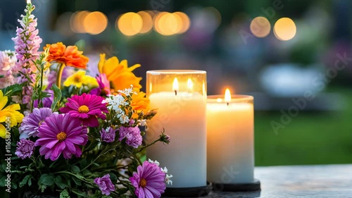 Colorful flowers and glowing candles adorn a gravesite in a tranquil setting during dusk