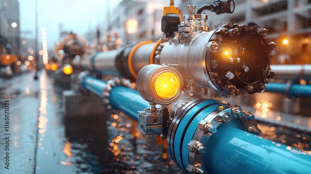 Industrial pipe installation urban area photography industrial environment close-up technology concept Industrial pipe installation urban area photography industrial environment close-up technology concept