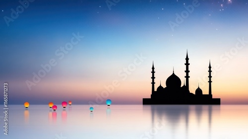 Serene silhouette of a mosque at sunset with colorful balloons.