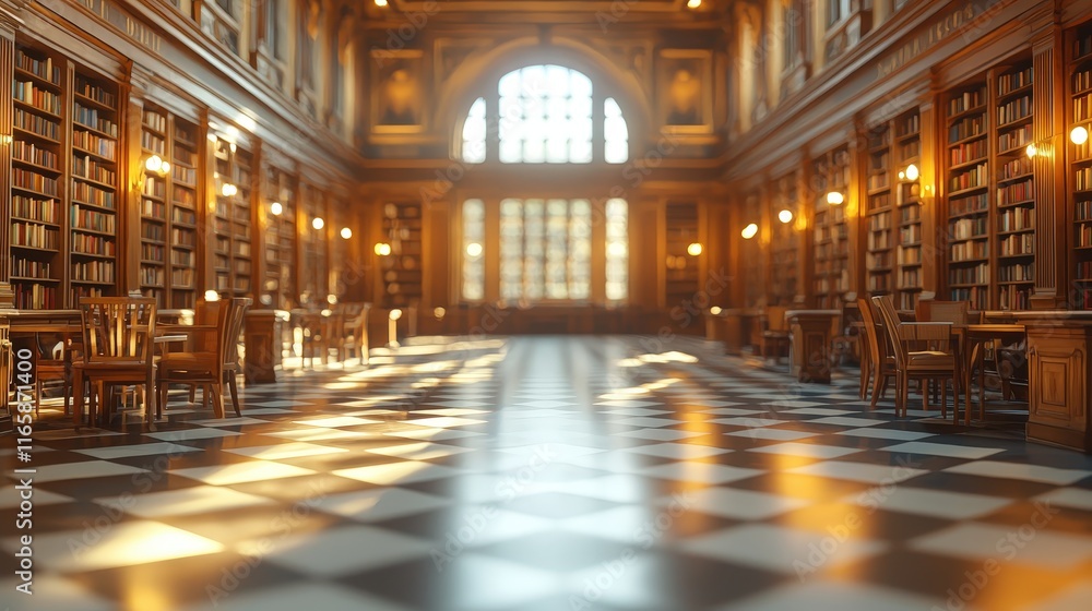 Historic Library with Wooden Shelves and Sunlit Checkerboard Floor - Elegant Interior Featuring Grand Architecture, Neoclassical Design, and a Quiet Space for Reading and Study Historic Library with Wooden Shelves and Sunlit Checkerboard Floor - Elegant Interior Featuring Grand Architecture, Neoclassical Design, and a Quiet Space for Reading and Study