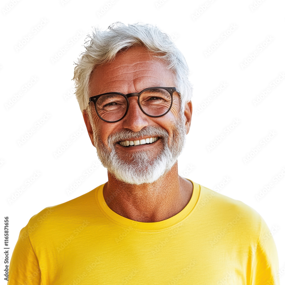 Happy Smiling Retired Man Wearing Yellow T-Shirt on transparent background Happy Smiling Retired Man Wearing Yellow T-Shirt on transparent background