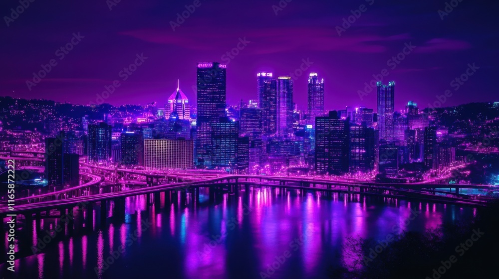 Fototapeta premium Neon Purple City Skyline at Night