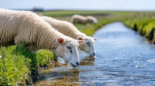 Sheep Drinking from a Clear Stream in Natural Light