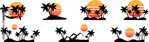 silhouette of sun and palm tree vector, Orange sunset. sunset vector silhouette. palm tree seascape with Orange sunset vector silhouette