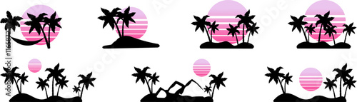 silhouette of the sun and palm tree vector, pink sunset. sunset vector silhouette. palm tree seascape with pink sunset vector silhouette