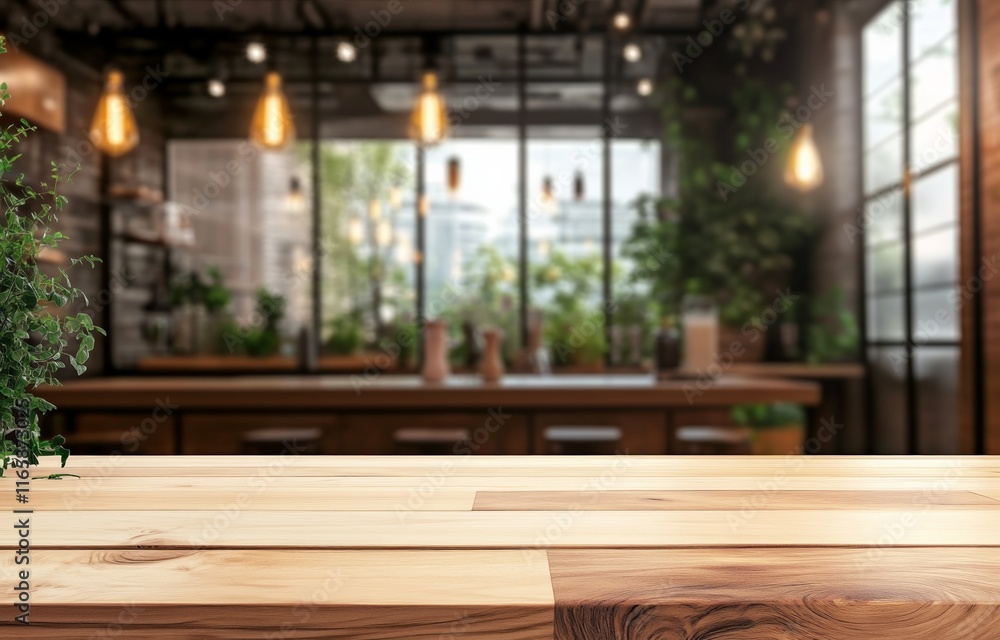 Empty Wooden Table with Blurred Modern Kitchen Background for Product Display Empty Wooden Table with Blurred Modern Kitchen Background for Product Display