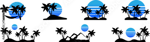 silhouette of the sun and palm trees vector, Blue sunset. sunset vector silhouette. palm tree seascape with Blue sunset vector silhouette