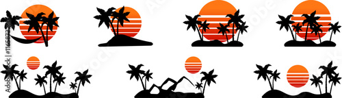 silhouette of the sun and palm trees vector, Red sunset. sunset vector silhouette. palm tree seascape with Red sunset vector silhouette