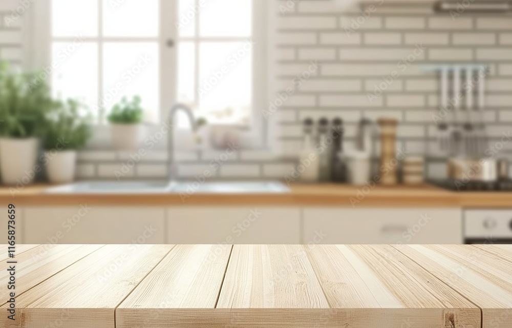 Empty Wooden Table with Blurred Modern Kitchen Background for Product Display Empty Wooden Table with Blurred Modern Kitchen Background for Product Display