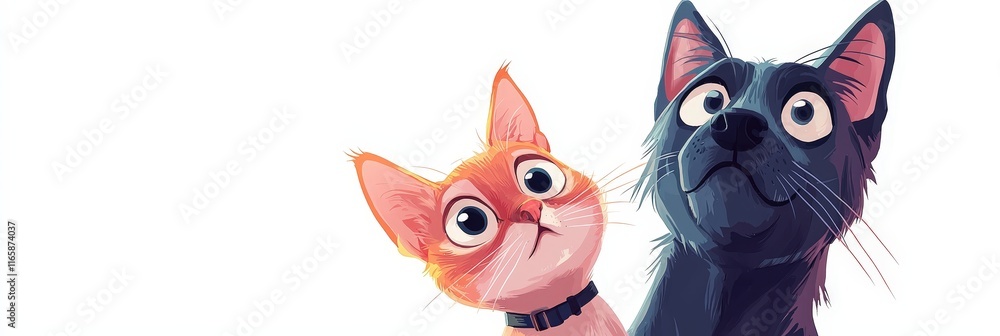 Fototapeta premium Adorable Cartoon of an Orange Cat and Black Dog with Playful Expressions - Whimsical Digital Illustration Celebrating Friendship and Pet Companionship