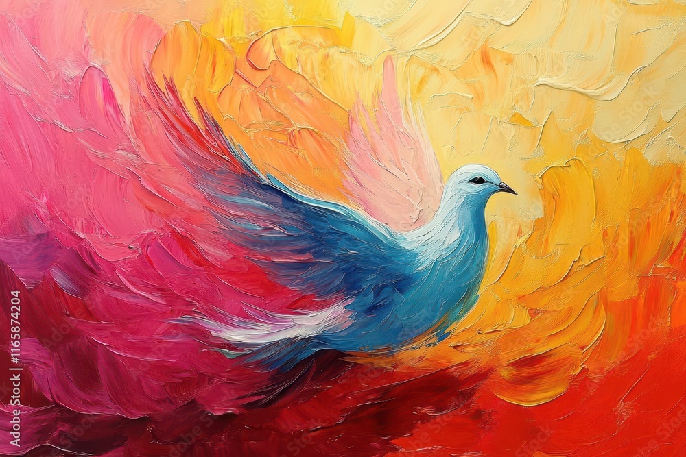 colorful abstract painting depicting a dove symbolizing the holy spirit with vibrant brush strokes and rich colors conveying spiritual themes and artistic expression in a contemporary art style colorful abstract painting depicting a dove symbolizing the holy spirit with vibrant brush strokes and rich colors conveying spiritual themes and artistic expression in a contemporary art style