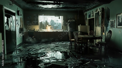 Aftermath: A Flooded and Fire-Damaged House Interior photo