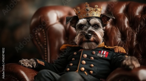 A majestic dog wearing a royal outfit complete with a crown, sitting on a luxurious chair, embodying nobility and charm, ideal for conveying themes of regality and power. photo