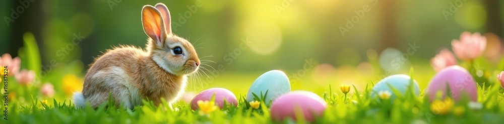 Fluffy bunny near colorful eggs nestled in spring grass , Easter eggs, vibrant Fluffy bunny near colorful eggs nestled in spring grass , Easter eggs, vibrant