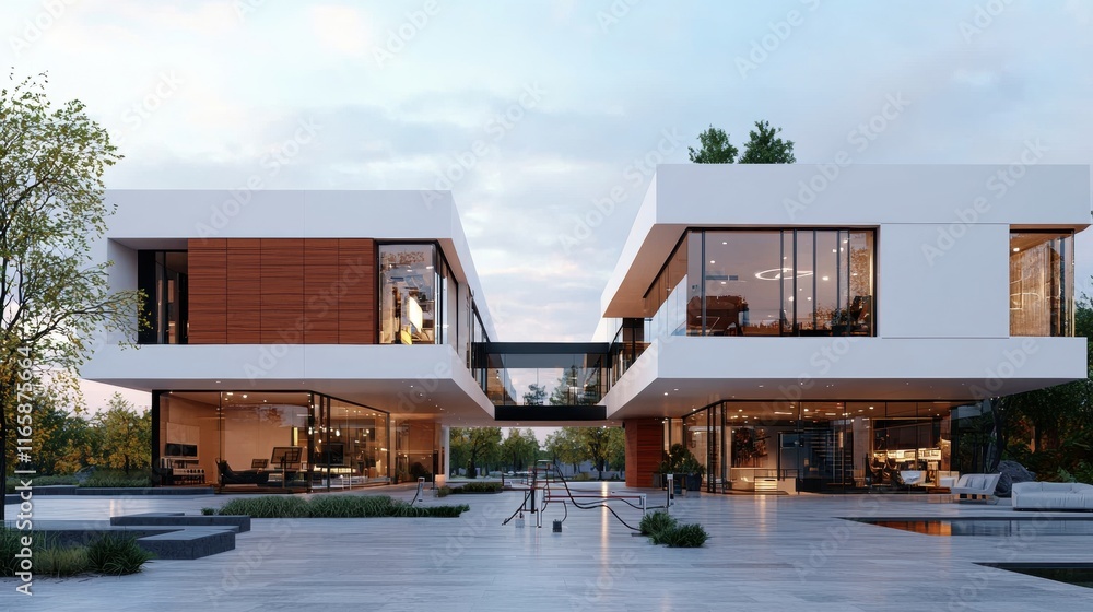 Obraz premium A modern architectural design featuring two connected houses with large windows, surrounded by greenery and a landscaped area.