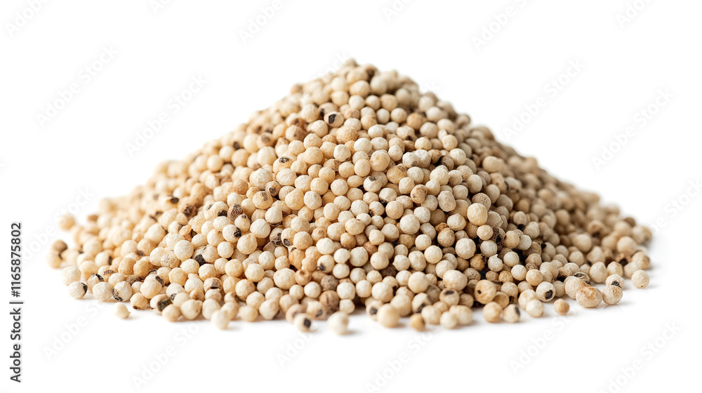 side view on one single white peppercorns pile heap isolated on white background side view on one single white peppercorns pile heap isolated on white background