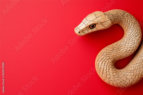 Wooden snake on a red background, chinese new year. Placeholder photo