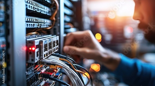 A technician is working on a server rack, connecting cables and ensuring network functionality in a data center environment.