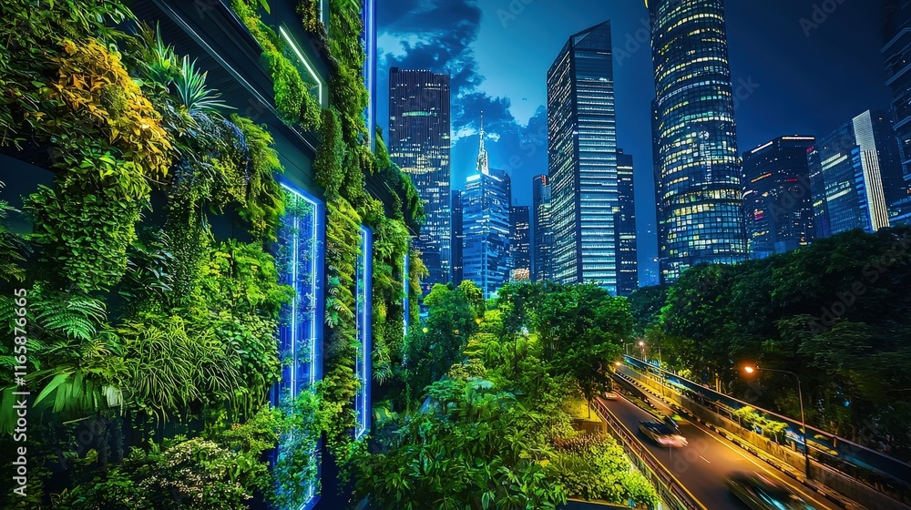 Fototapeta premium Vibrant Night Cityscape with Illuminated Skyscrapers and Lush Greenery - Futuristic Urban Jungle Showcasing Eco-Friendly Architecture and Dynamic Nightlife