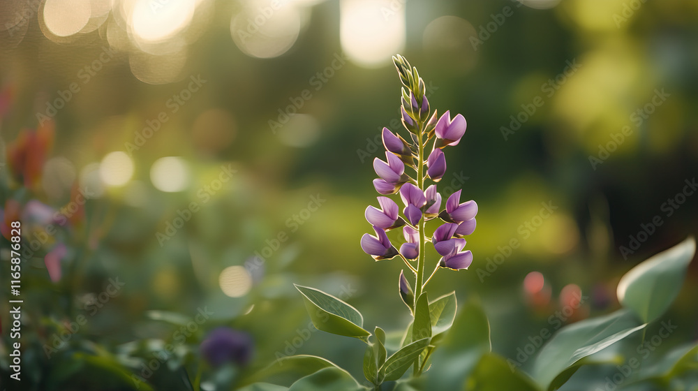 Close-Up of a Purple Lupine Flower with Green Blurred Background and Copy Space, Highlighting Natural Beauty and Floral Elegance in a Garden Setting Close-Up of a Purple Lupine Flower with Green Blurred Background and Copy Space, Highlighting Natural Beauty and Floral Elegance in a Garden Setting