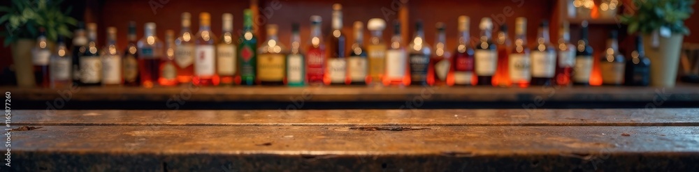 Rustic wood tabletop, out-of-focus spirits, colorful bar backdrop , table, image, element Rustic wood tabletop, out-of-focus spirits, colorful bar backdrop , table, image, element