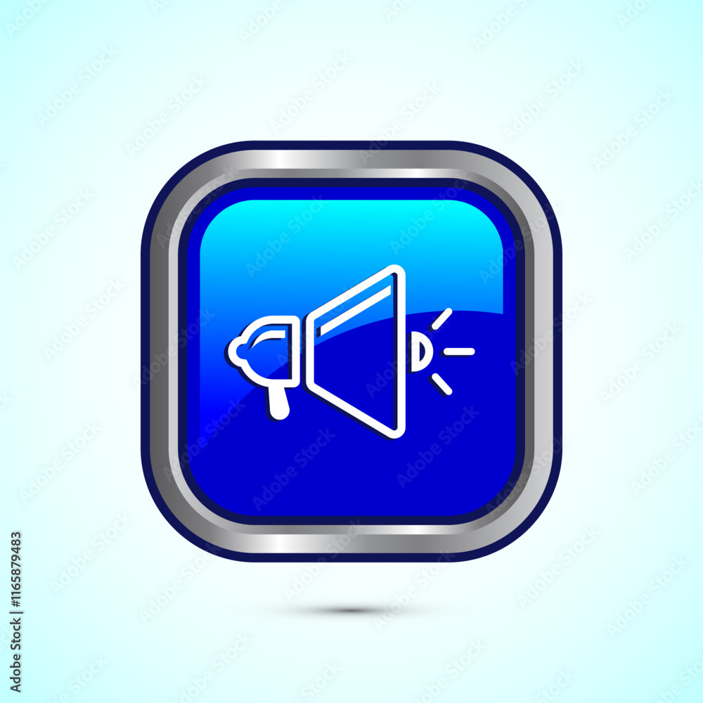 Megaphone icon design illustration, Loudspeaker icon, Shout announce sign. Promotion annoucement. Blue Color Square Button Design