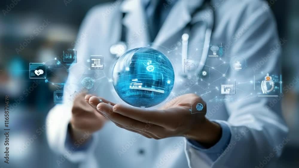 Doctor interacting with futuristic medical software visualization Doctor interacting with futuristic medical software visualization