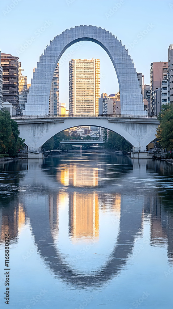 Naklejka premium Arch Bridge Cityscape Reflection Photo