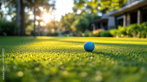 Blue golf ball on a manicured green lawn at sunset, with residential homes in the background.