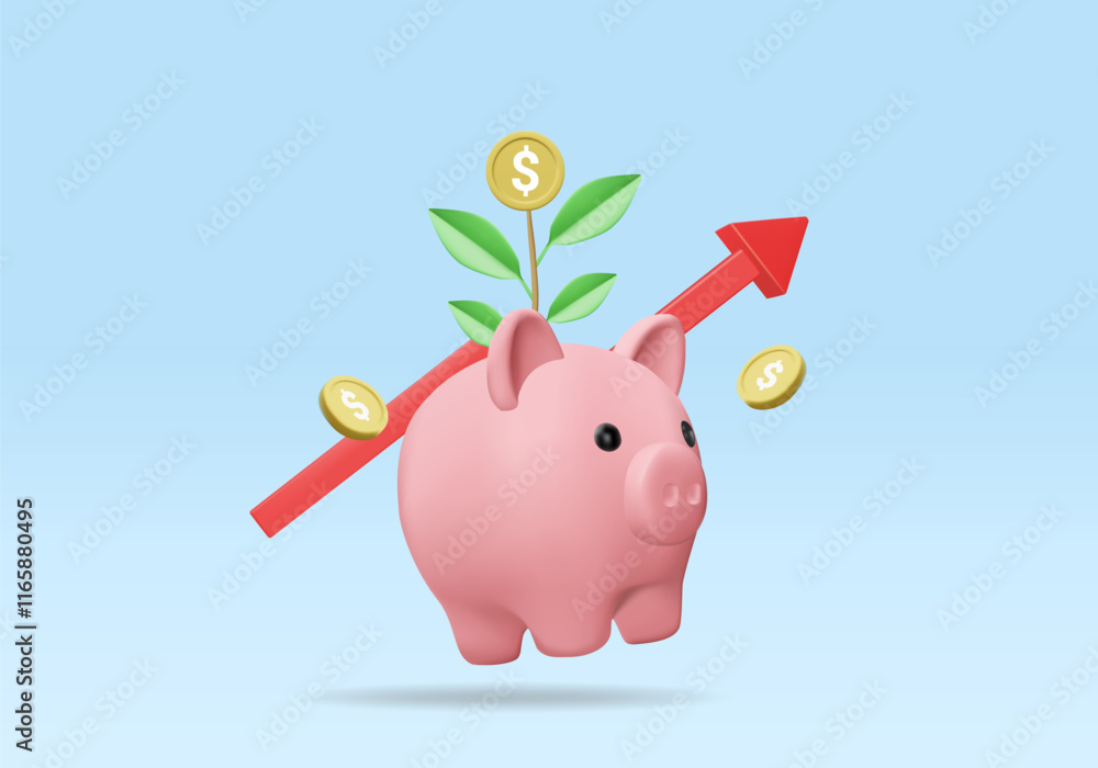 Obraz premium 3D vector render illustration of savings and financial growth concept icon. There is a pink piggy bank. Tree growing from gold coin with green leaves and a red arrow rising