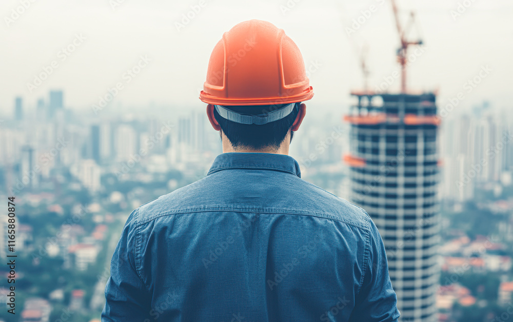 Ambitious construction worker observes urban cityscape professional daylight