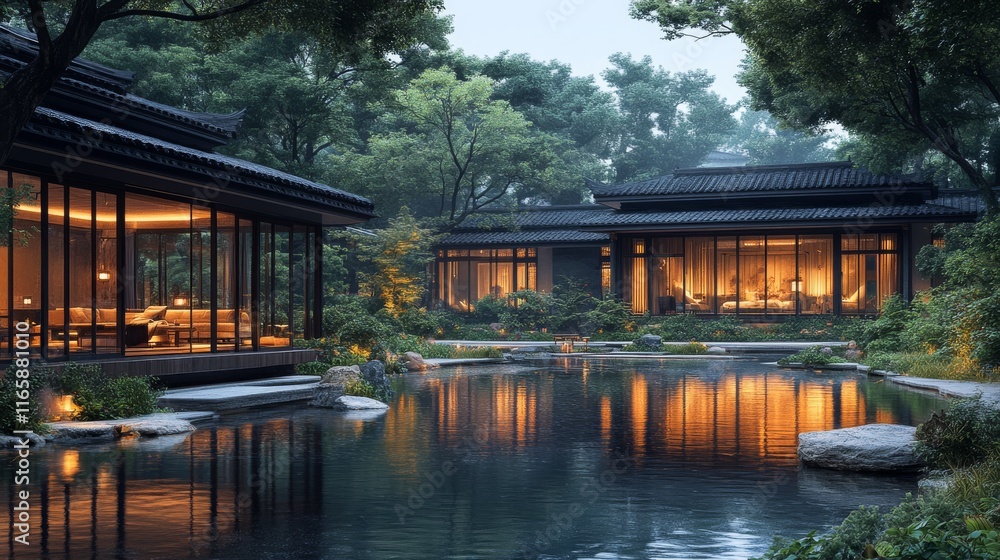Obraz premium Serene Asian-style homes with illuminated interiors reflected in a tranquil pond at dusk.