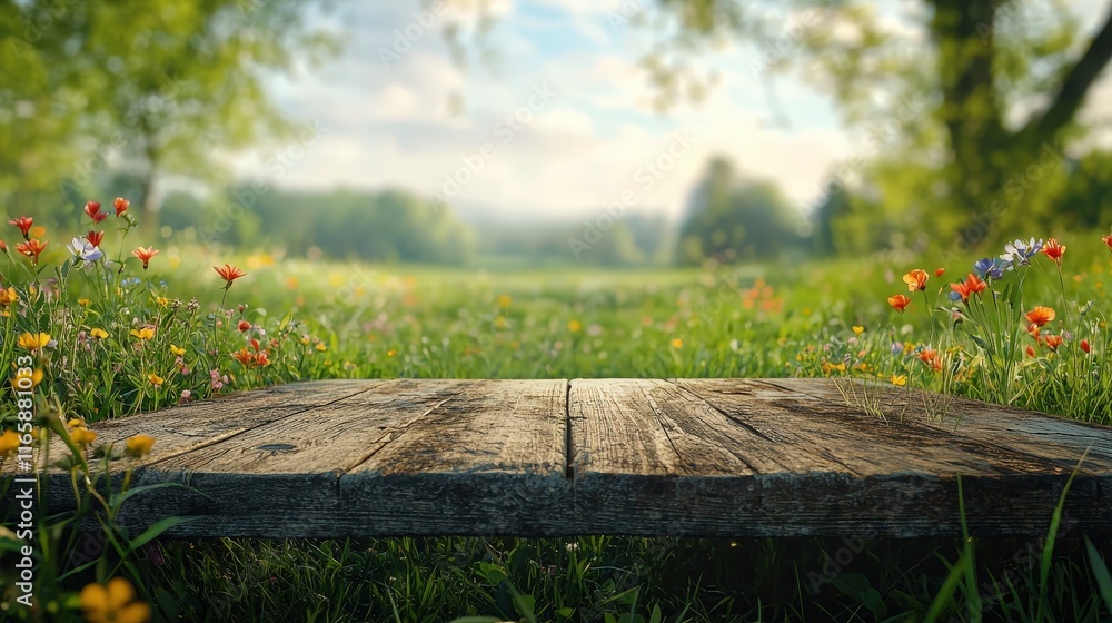 Fototapeta premium Wooden table in a meadow surrounded by vibrant wildflowers under a sunny spring sky. Rustic and serene countryside setting with natural beauty.