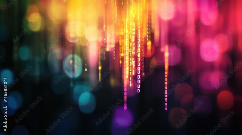 Abstract Digital Rainbow Cascade: A vibrant tapestry of binary code and bokeh lights, showcasing a dynamic interplay of color and data. Abstract Digital Rainbow Cascade: A vibrant tapestry of binary code and bokeh lights, showcasing a dynamic interplay of color and data.