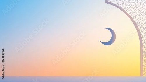 A serene sunset scene with a crescent moon and intricate design.