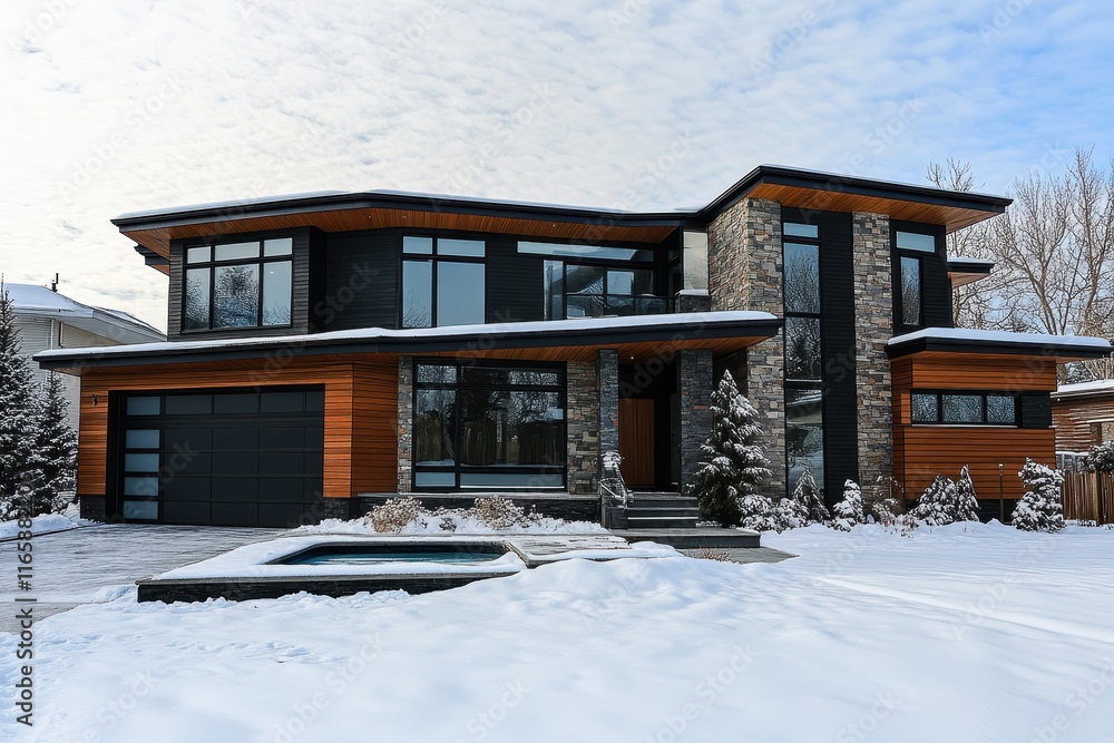 Modern architectural design of a house in winter with snow-covered yard and elegant landscaping features Modern architectural design of a house in winter with snow-covered yard and elegant landscaping features