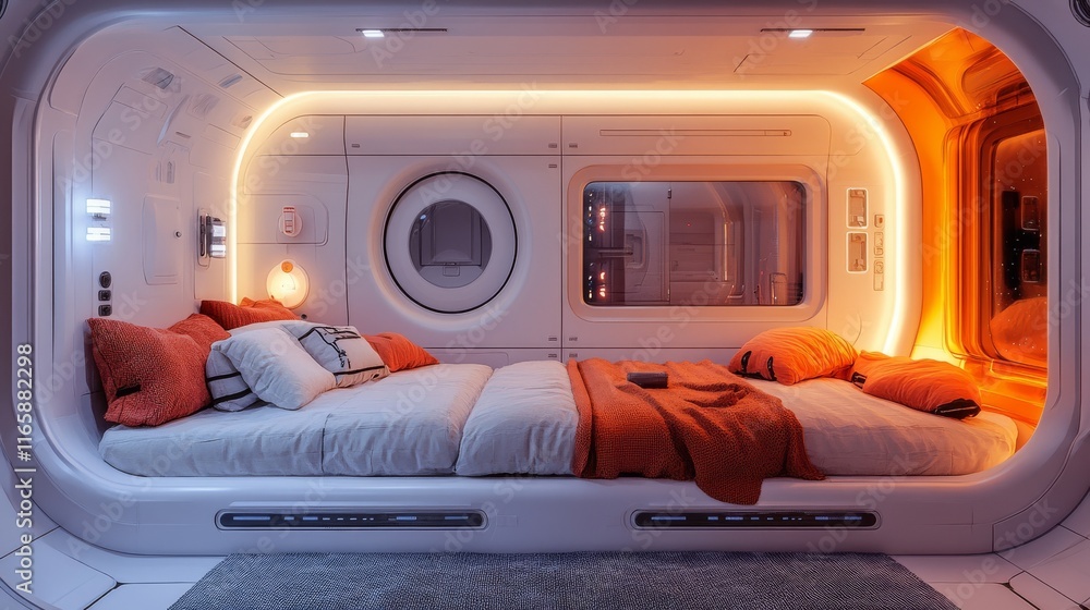 Fototapeta premium Futuristic bedroom interior design with curved walls, orange accents, and a comfortable bed.