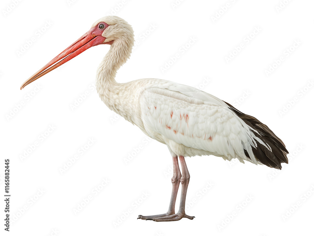 Fototapeta premium White stork bird with black plumage and a long pointed red beak, isolated over transparent background for ornithology and nature-themed design projects, PNG cut-out