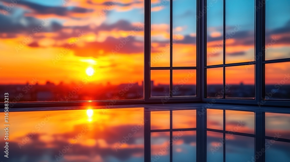 Fototapeta premium City sunset reflected in modern interior windows.