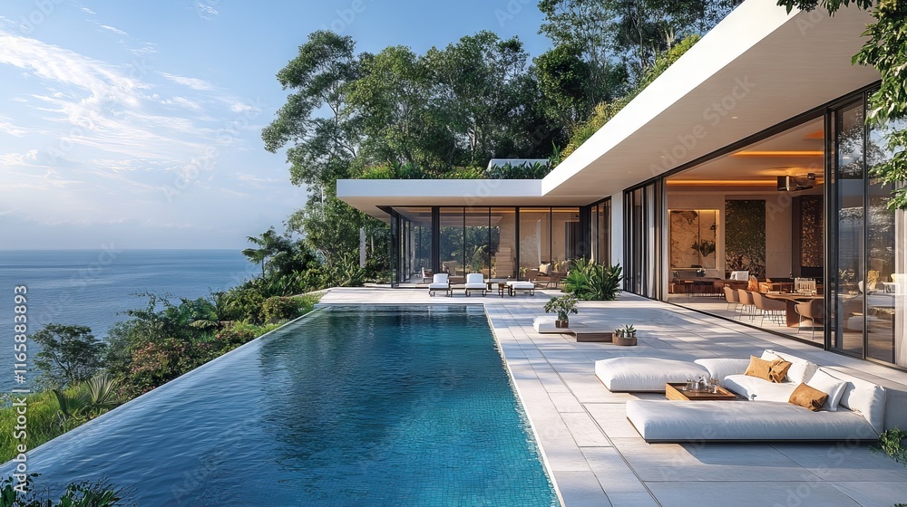 Fototapeta premium Modern luxury villa with infinity pool overlooking ocean.