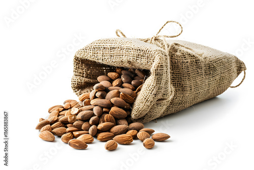 Almonds spilling from burlap sack photo