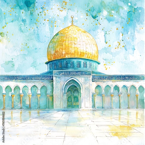 Watercolor Painting of the Dome of the Rock in Jerusalem. photo