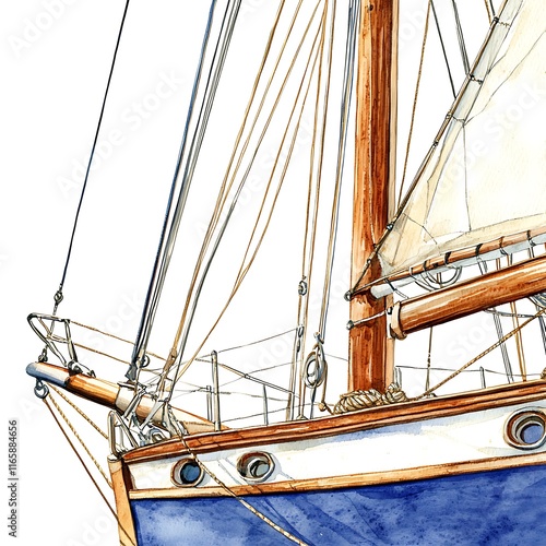 Watercolor painting of a classic sailboat's bowsprit, mast, and rigging, showcasing intricate nautical details. photo