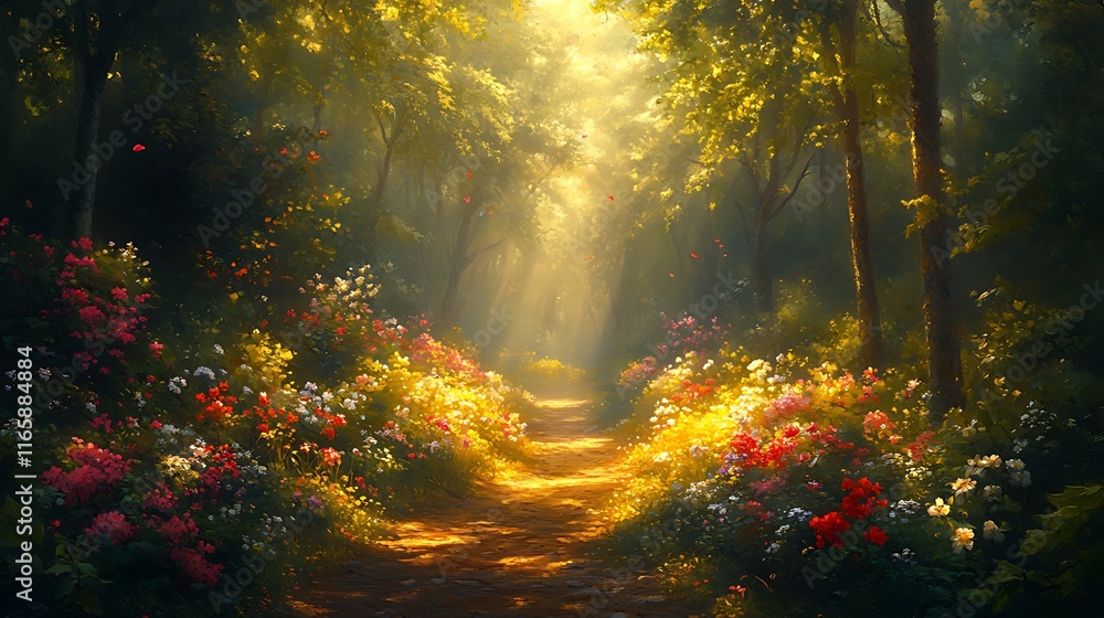 Sunlit path through a vibrant, blooming forest. Sunlit path through a vibrant, blooming forest.