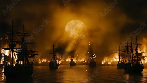 Burning Galleons at Night Under Full Moon